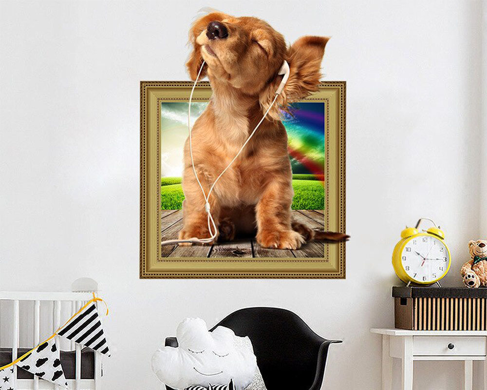 Stickers Muraux 3D Chien Avec Lunettes – Poster Déco Mural Animal, Personnalisable